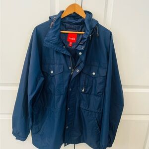 IZOD Men's XL navy blue rain parka with pockets zipper hood & cinch-able waist
